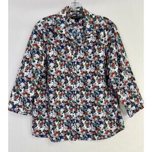Lands End No Iron Supima Shirt Size 16W Blue Floral Cotton Blouse Top Button Up